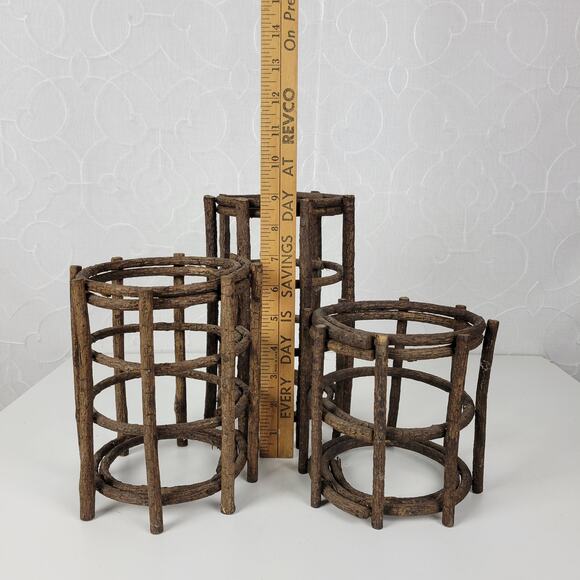 VINTAGE Handmade Candle Holders Brown Primitive Wooden Stick Home Decor Set of 3 - Picture 12 of 15